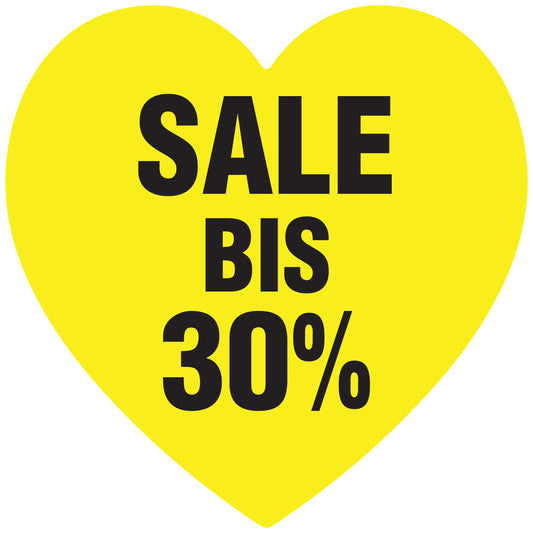 Promotional stickers heart shaped "Sale bis 30%" 10-60 cm LH-SALE-4030-HE-10-3-88