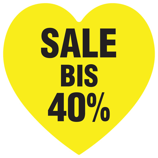 Promotional stickers heart shaped "Sale bis 40%" 10-60 cm LH-SALE-4040-HE-10-3-88