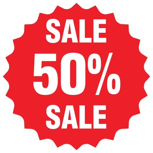Promotional stickers round star-shaped "Sale 50% sale" 10-60 cm LH-SALE-5050-RS-10-14-0