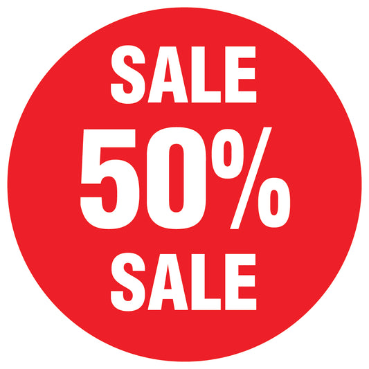Promotional stickers round 2 "Sale 50% sale" 10-60 cm LH-SALE-5050-RU-10-14-0
