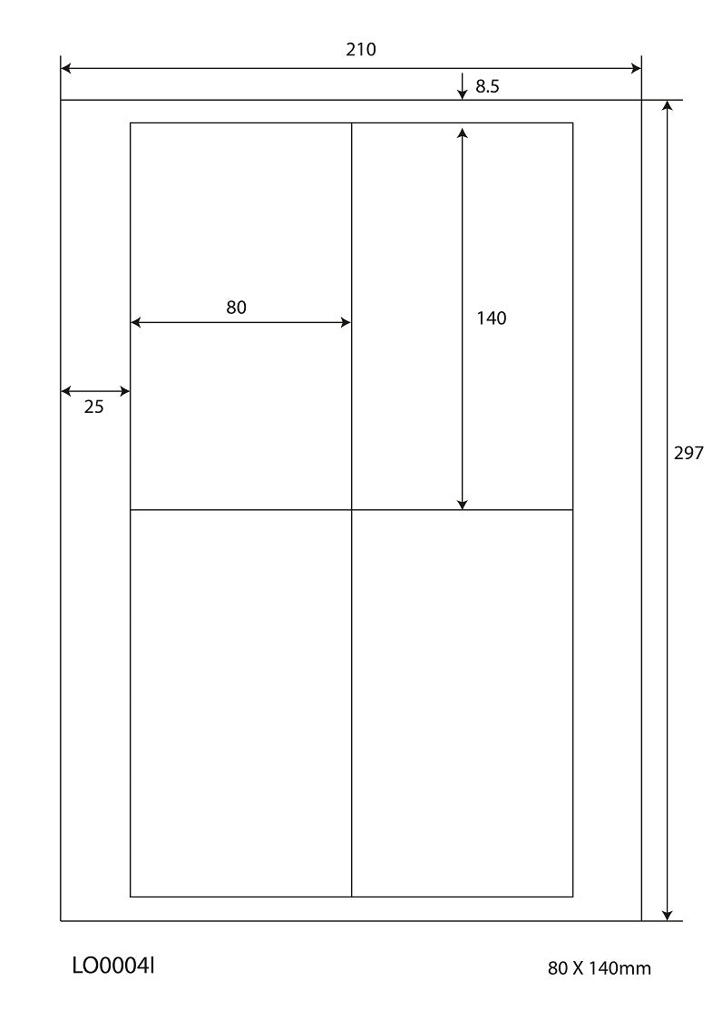 400 universal labels 80x140mm, on 100 Din A4 sheets, glossy, self-adhesive LO-0004-I-80