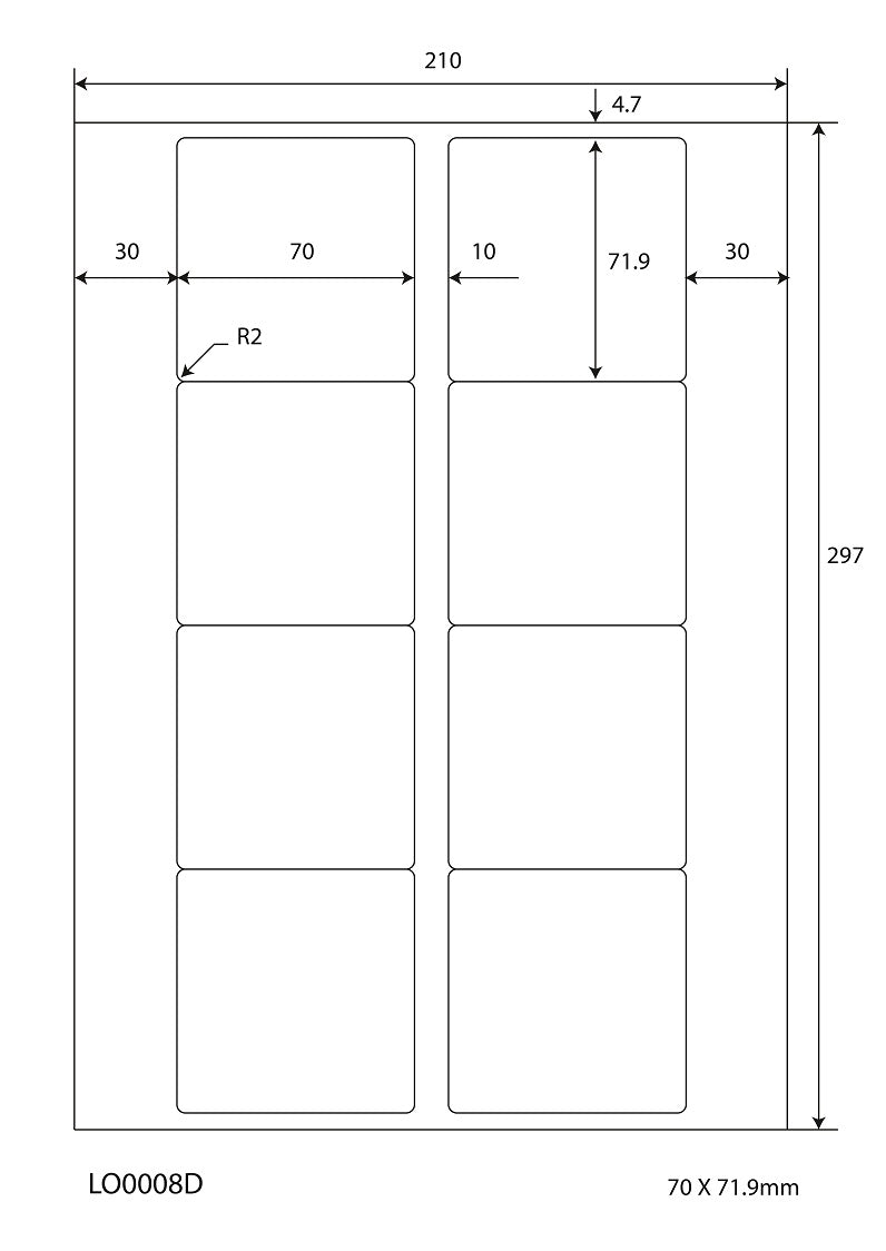 800 universal labels 70x71.9mm, on 100 Din A4 sheets, glossy, self-adhesive LO-0008-D-80