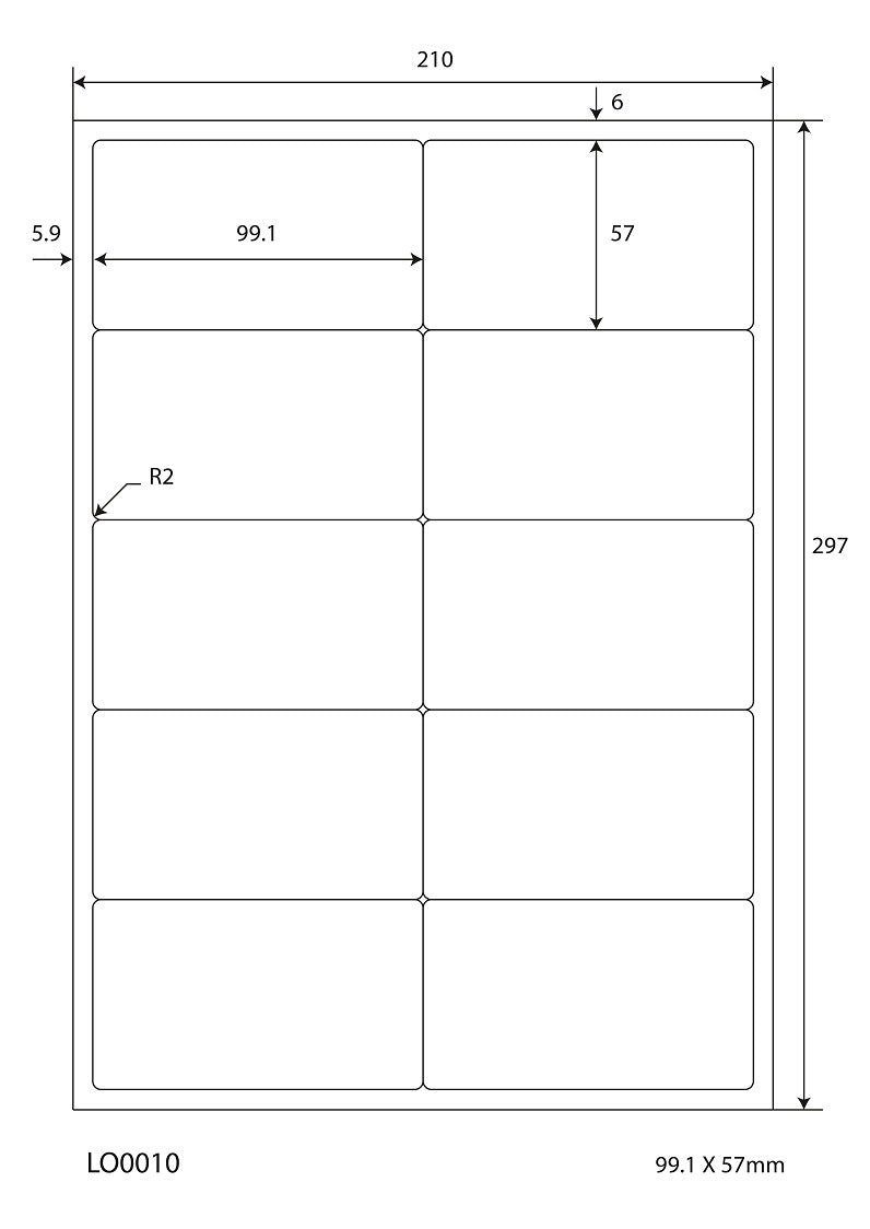 1000 universal labels 99.1x57mm, on 100 Din A4 sheets, glossy, self-adhesive LO-0010-80
