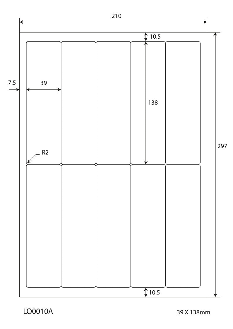 1000 universal labels 39x138mm, on 100 Din A4 sheets, glossy, self-adhesive LO-0010-A-80