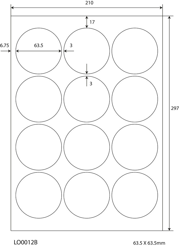 1200 universal labels 63.5mm round, on 100 Din A4 sheets, glossy, self-adhesive LO-0012-B-80