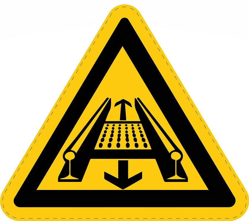 Warning sticker "Warning of conveyor system on the track" made of PVC plastic, ES-SIW-029